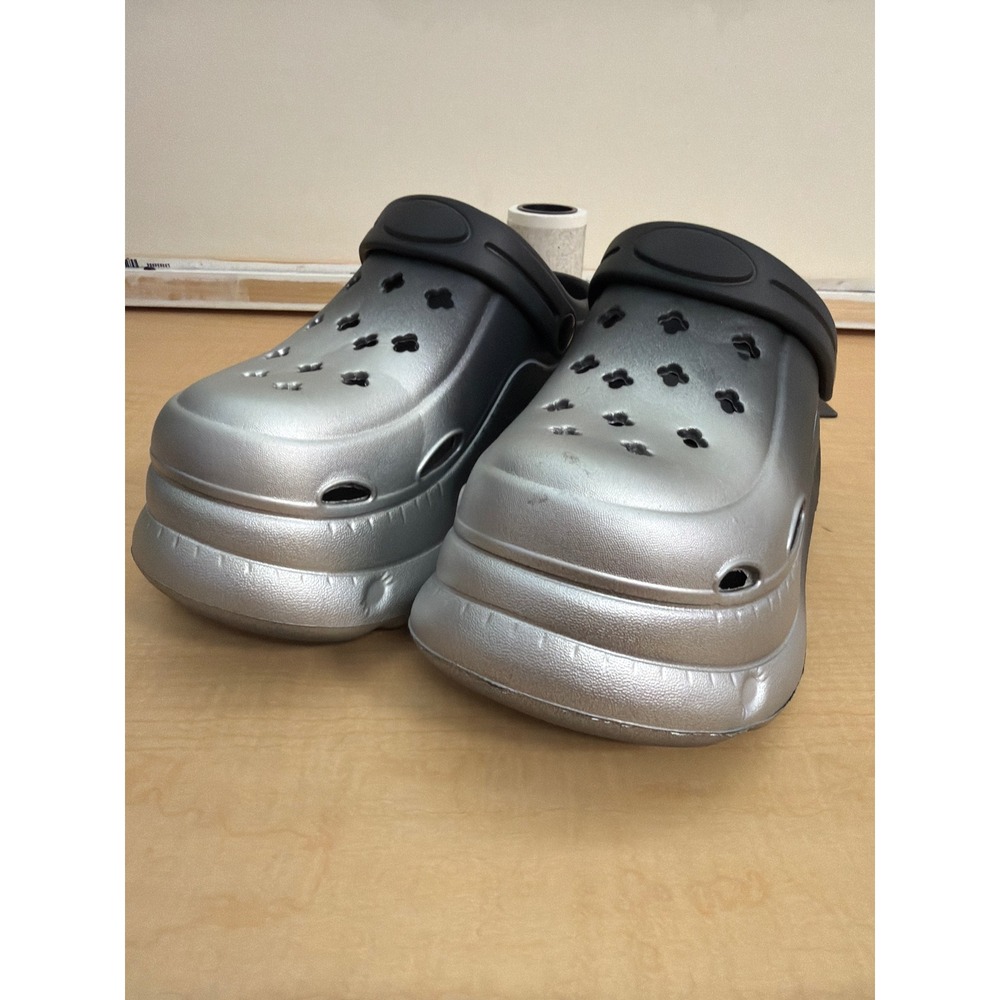 Fashion Silver Black Ombre Platform Clogs Metallic Y2K Chunky Mules Size 36-37